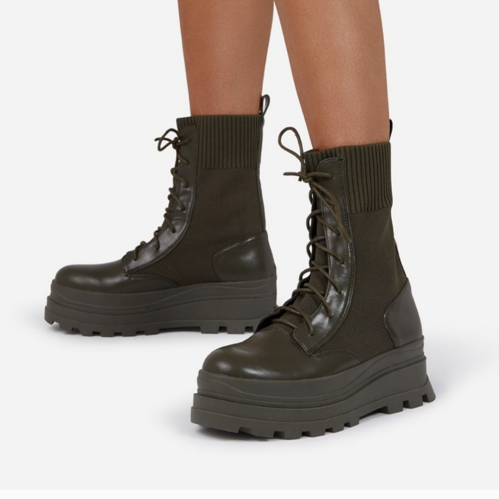 Green khaki Knitted Chucky sole biker boots.